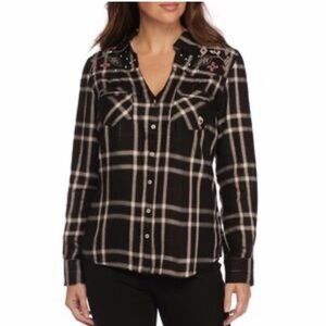 VINTAGE America Plaid floral embroidered button up top XL floral Western New